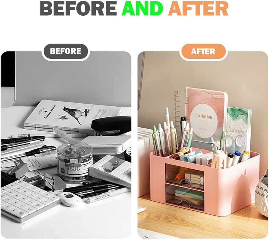 7-Grid Creative Desk Organiser with Drawer – Pink Plastic Pen & Table Storage Box