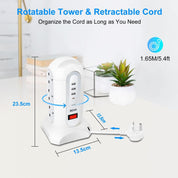 Tower Extension Lead with Surge Protection, 9 AC Outlets & 4 USB Ports, 1.65M Retractable Cable, Multi Plug Power Strip Tower