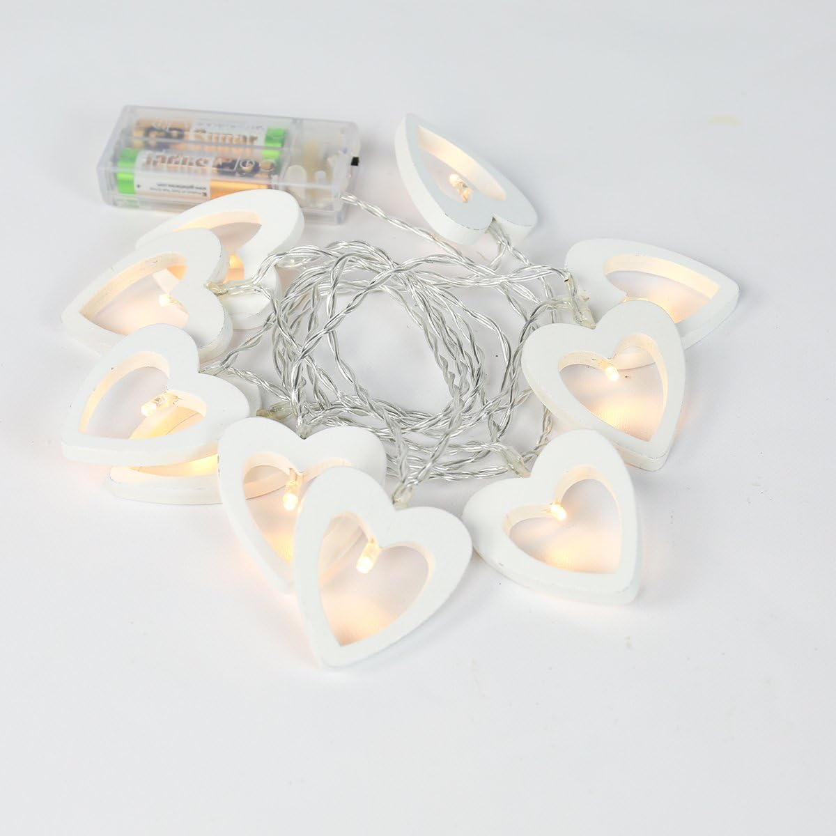 1.85m 3D Wooden Heart String Lights - 10 Warm White LEDs, Battery Operated with Timer for Home & Wedding Decor