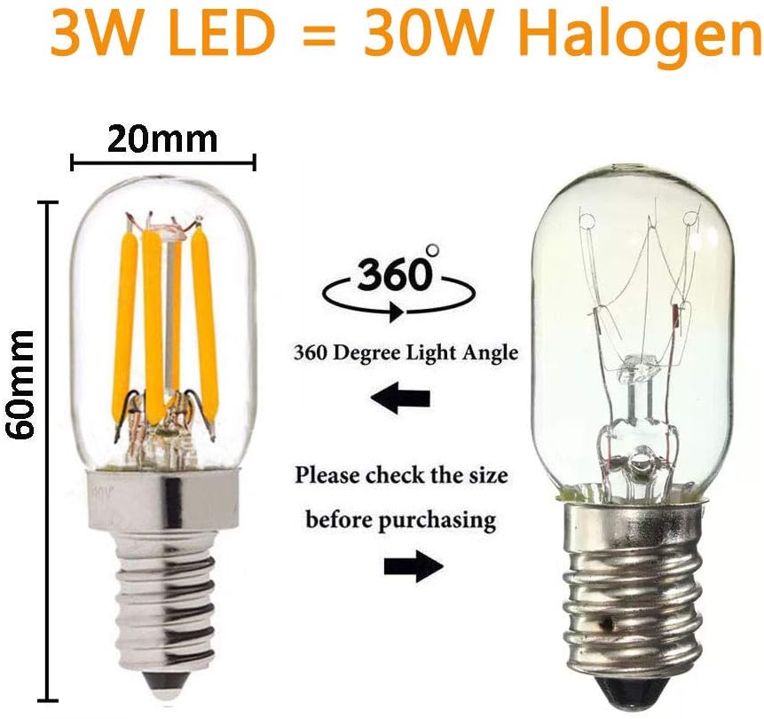 2-Pack E14 3W LED Refrigerator Bulb, 6000K Cool White, Energy-Saving SES Pygmy Light for Freezer, Microwave, Cooker Hood & Appliance Lighting