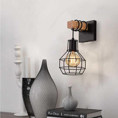 2X E27 Vintage Wall Light Wooden Wall Lamp Industrial Black Diamond Cage Wall Sconces Indoor Lighting