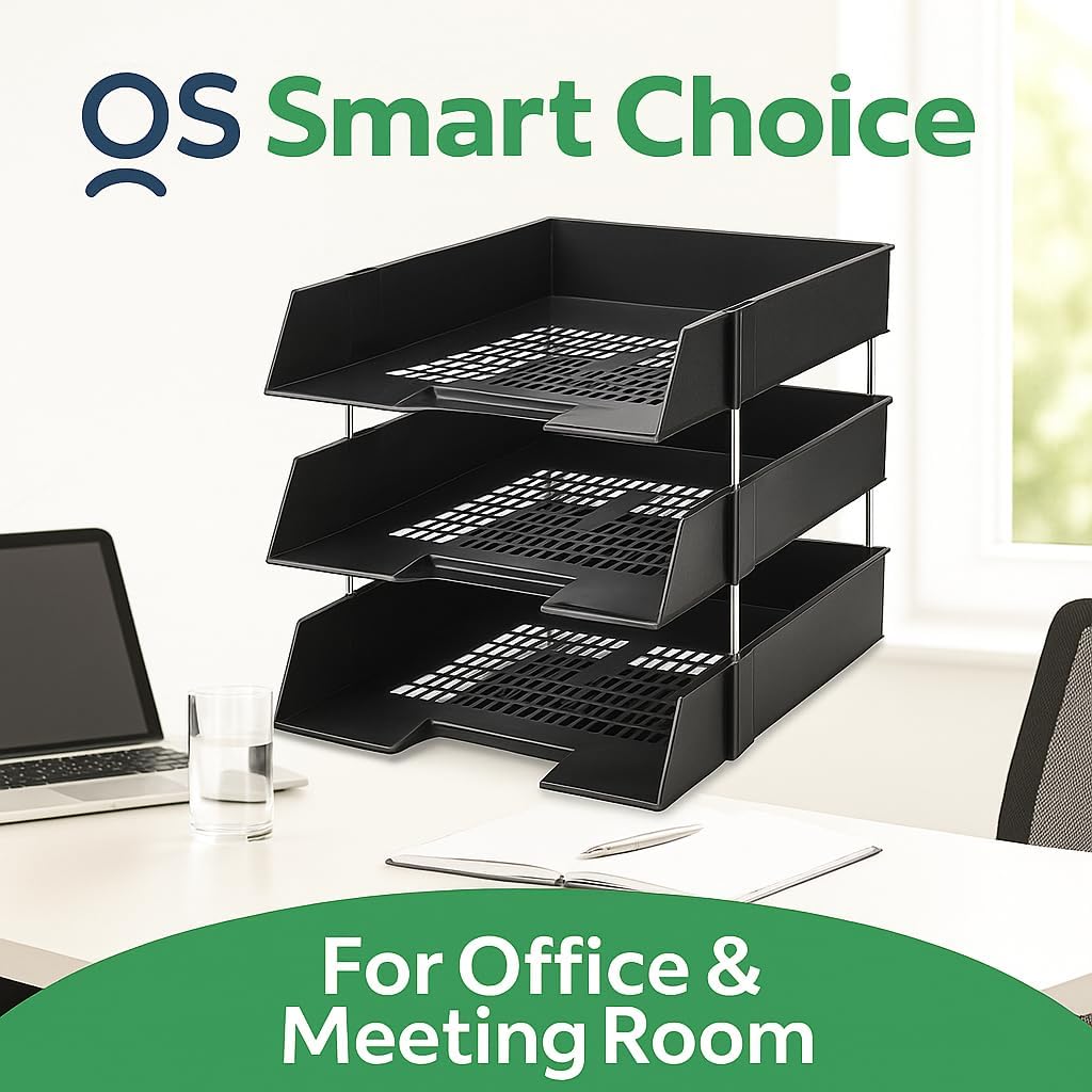 3-Tier A4 Letter Tray Document Organiser – Stackable Plastic Desktop File Holder, Black