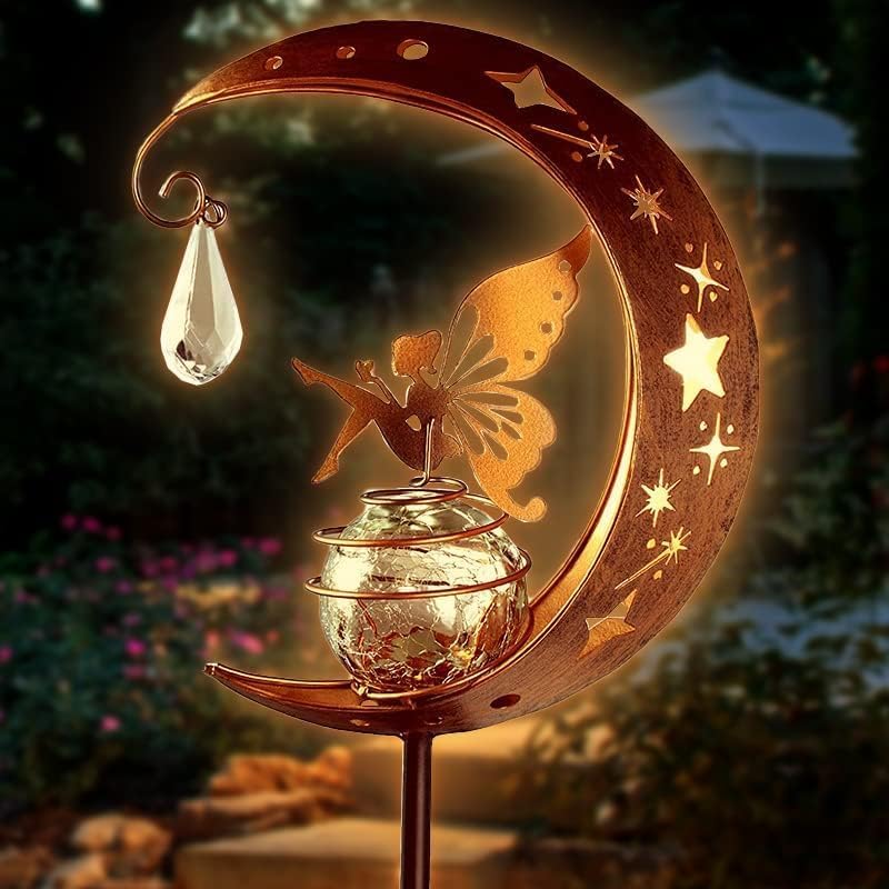 Solar Garden Ornaments, Fairy Solar Light with Moon & Star Crackle Glass Ball, Metal Stake, Waterproof Warm White LED for Garden, Pathway, Lawn, Patio, Grave