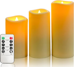 Set of 3 Waterproof LED Flameless Candles – Battery Operated, Flickering, Ivory Plastic with Remote and Timers, 5