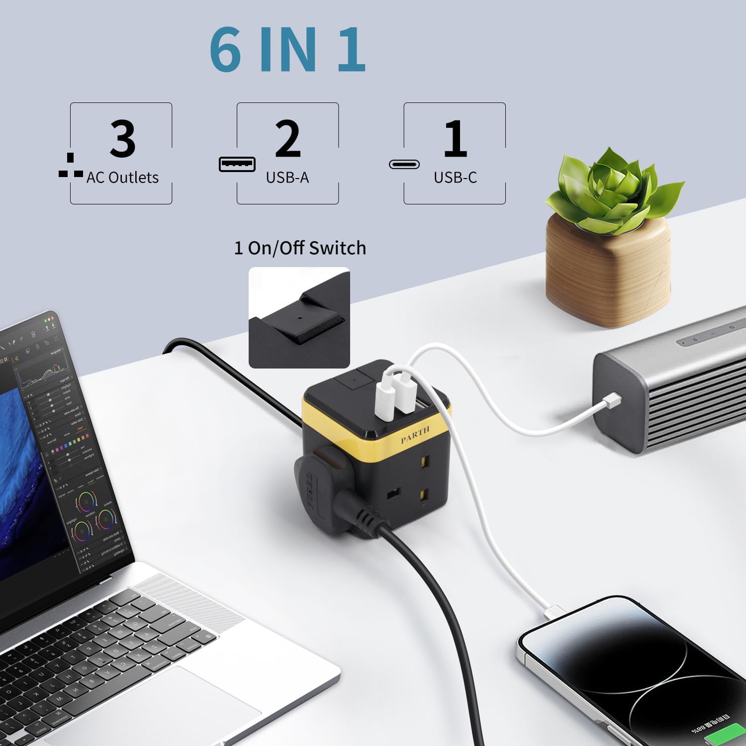 Cube Extension Lead 3 Way with 3 USB (PD 18W) – 2M Cable, 13A/3250W Multi Plug Socket with Switch & Child Safety