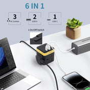 Cube Extension Lead 3 Way with 3 USB (PD 18W) – 2M Cable, 13A/3250W Multi Plug Socket with Switch & Child Safety