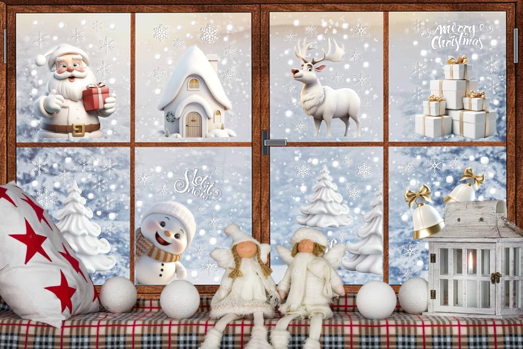 8 Sheets Christmas Window Stickers – Reusable Static Cling Decals