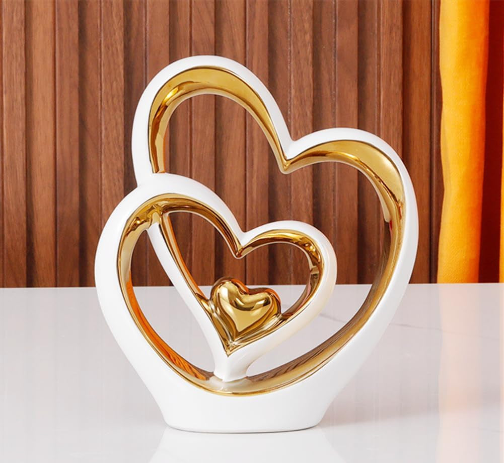 Double Heart Ceramic Ornament – Modern Home Décor Statue & Gift for Living Room or Office