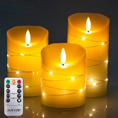 3-Piece Flameless Candle Set – Real Wax with Embedded Fairy Lights, LED, Remote, 24-Hour Timer, Ivory White