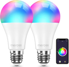 meross E27 Smart Bulbs, 60W Equivalent, RGB Multicolor, Dimmable, 2700K-6500K, Works with Alexa & Google Home, 2 Pack