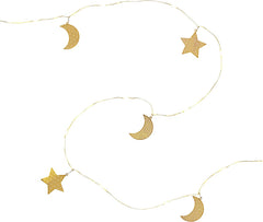 Filigree Gold Moon & Star Ramadan String Lights – 20 Warm White LEDs, Battery Operated with Timer, 1.9m Indoor Decor