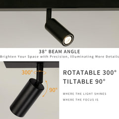Black track light fixture with adjustable features on a neutral background