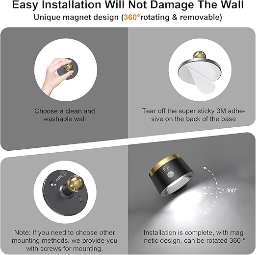 2 Pack Magnetic Wireless Wall Sconce - Remote & Touch Control 360° Rotatable LED Light