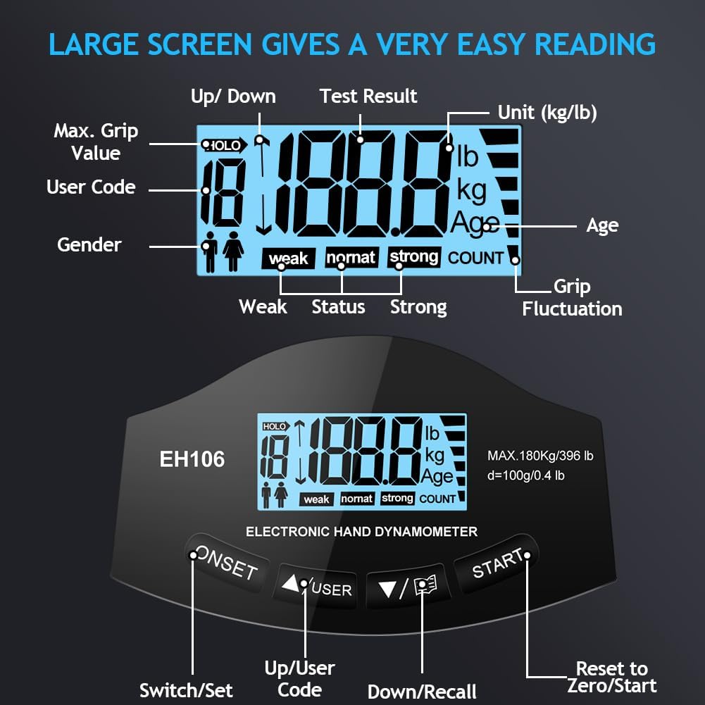 Electronic Hand Dynamometer Grip Strength Trainer – Digital Measurement Meter with LCD Display, USB & Battery Powered