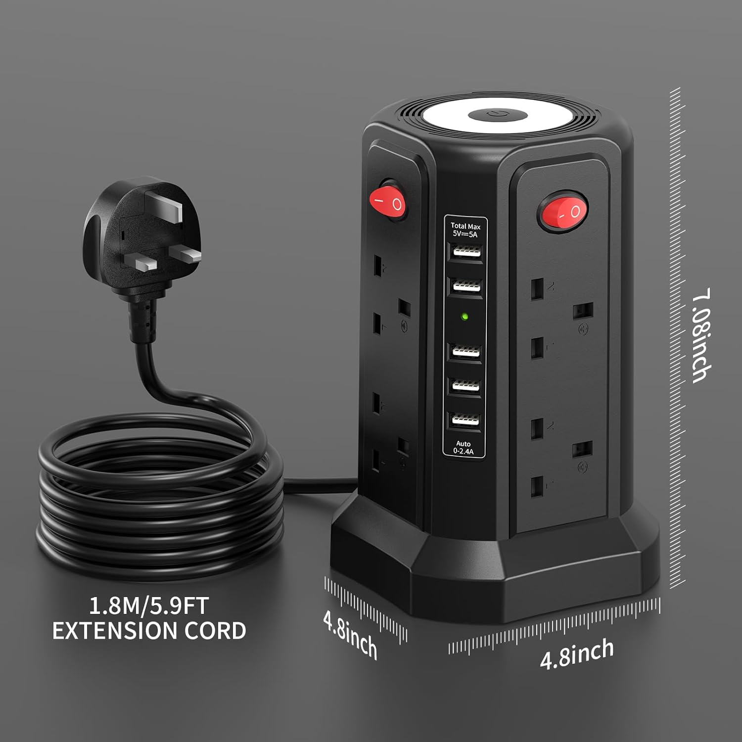 Tower Extension Lead 8-Way with 5 USB Ports & Night Light, Surge Protected Power Strip 1.8M