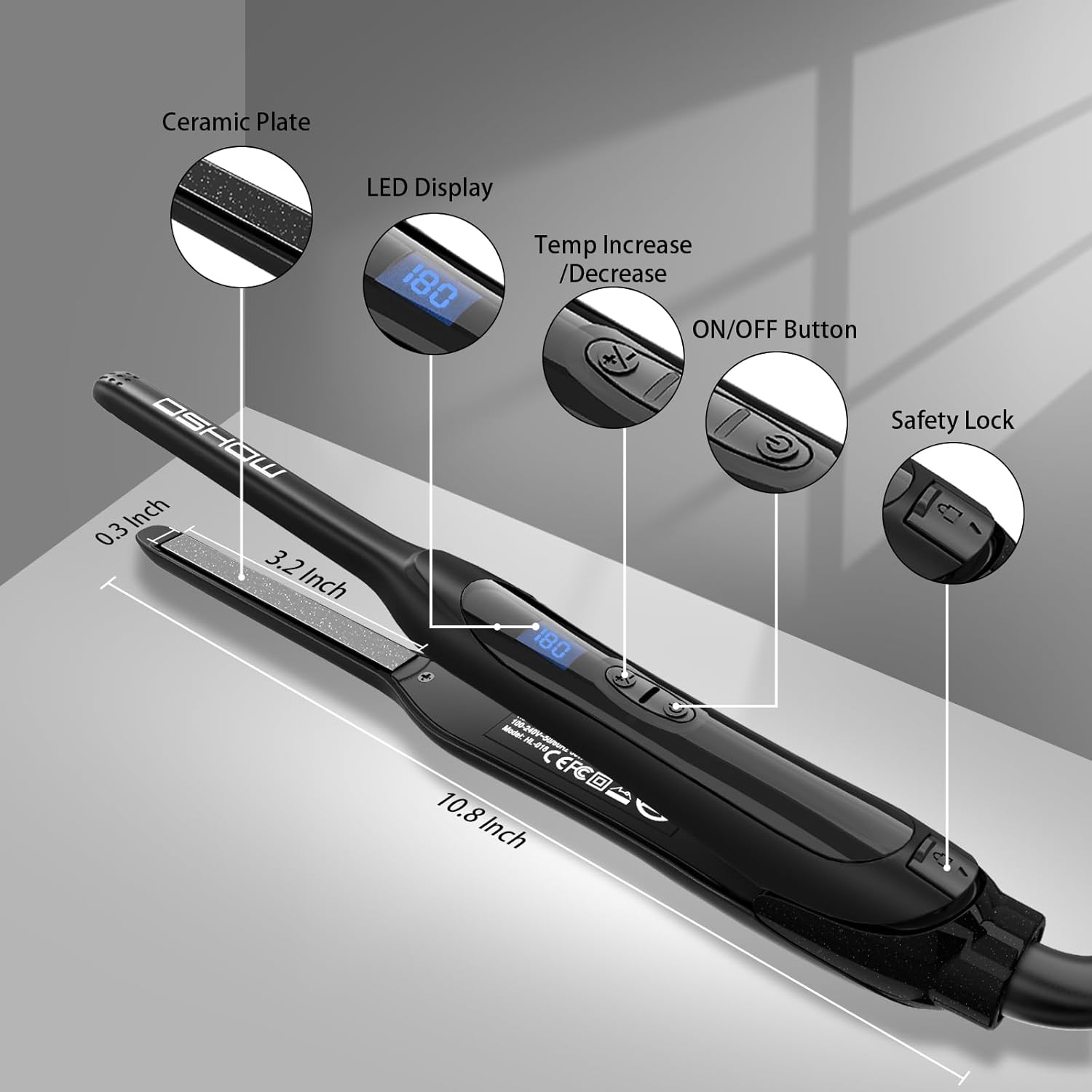 Pencil Hair Straightener for Short Hair, Dual Voltage, Adjustable Temp & Auto Shut-Off