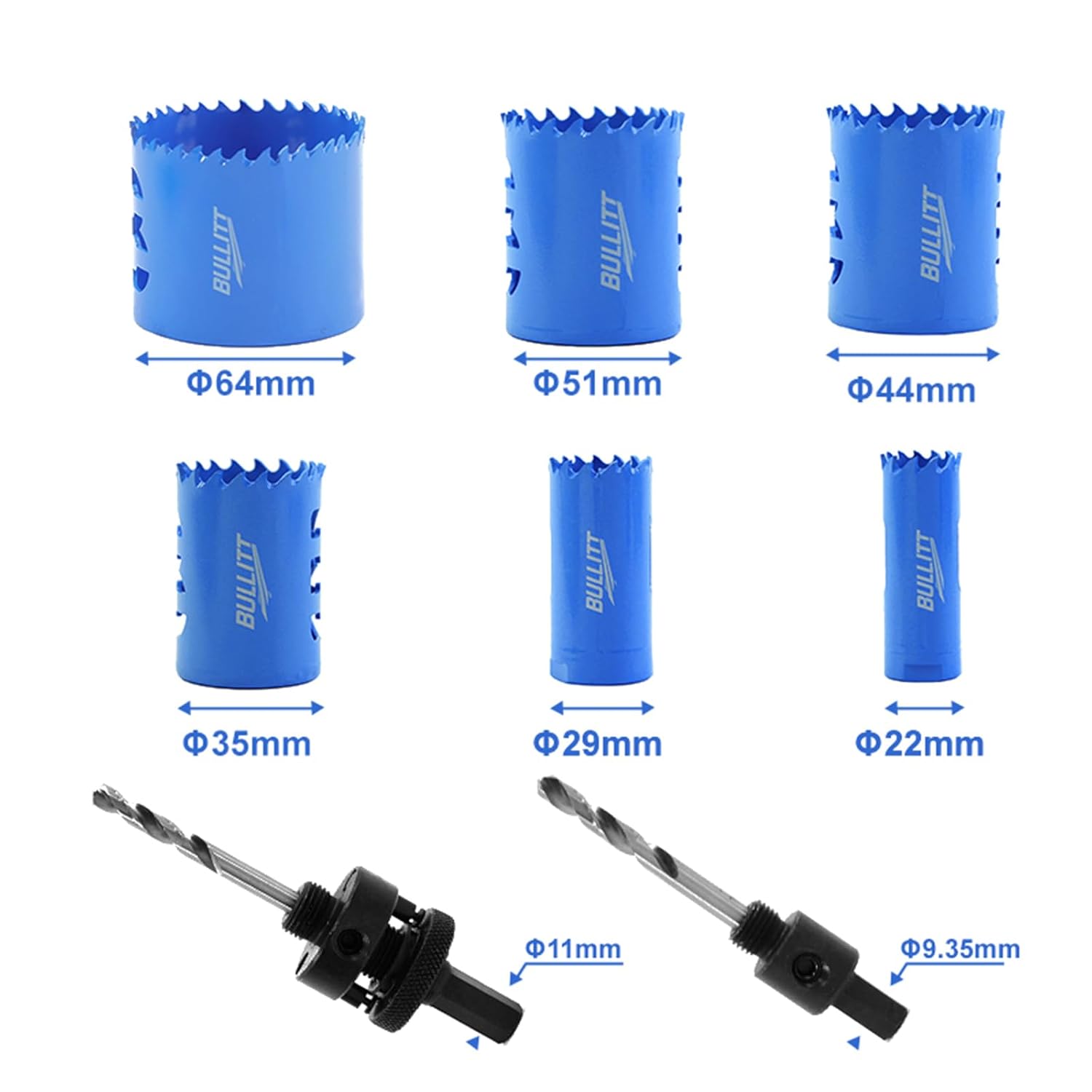 BULLITT 6PCS Bi-Mteal Electricians Hole Saw Set,22-64mm 8% Cobalt M42 Hole Saw Kit with 2 Arbors and a Hexagonal Wrench for Wood,Metal,Plastic,Cutting Depth:48mm