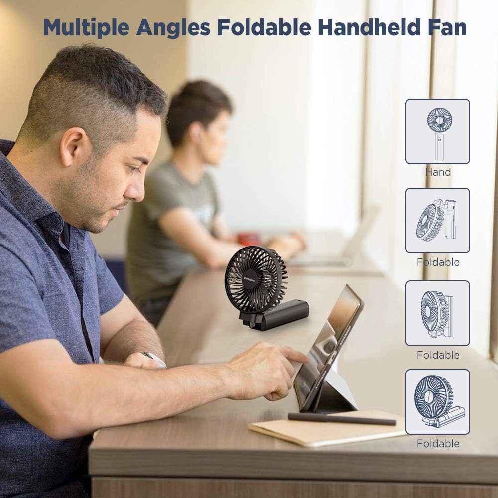 EasyAcc Handheld Fan, Portable USB Fan [Powerful Wind & Quick Cool] Up to 17H 4 Speeds Personal Fan with One Touch Power Off Rechargeable Battery Foldable Adjustable for Home Office Travel-Black