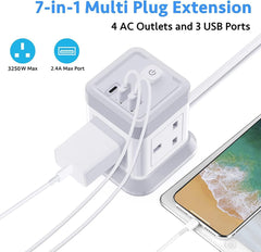 4-Gang Extension Lead Cube 3M with 3 USB Ports & Switch, Multi Plug Power Strip