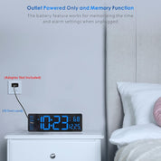 “16'' Digital LED Wall Clock – Remote, Big Digits, Auto-Dimming, 2 Alarms, Temp