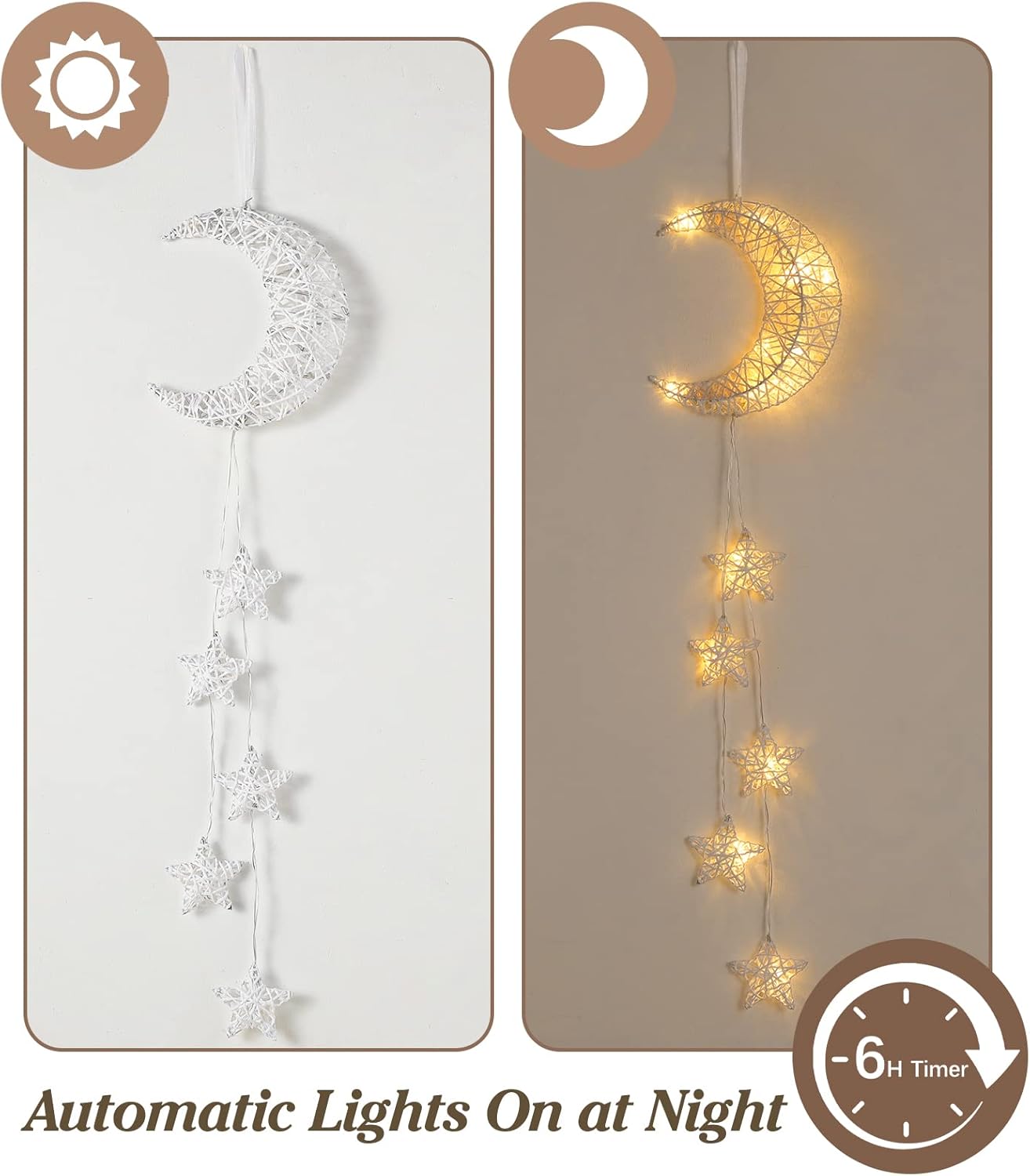 Hanging Moon & Star Fairy Lights, Battery Operated Indoor Decorative Lights with Timer for Bedroom, Window & Ramadan Décor