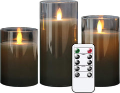 Gray Glass LED Candles with Remote – Battery Operated, Flickering Flameless, 3-Pack for Home Decor (D3