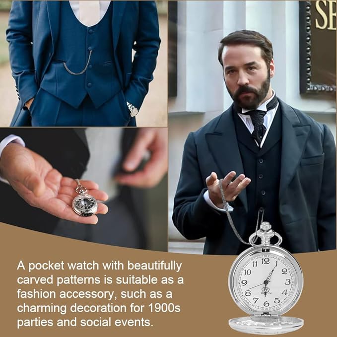 Modern Quartz Pocket Watch with Chain – Roman Numerals, Elegant Gift for Men