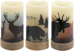 Flameless Red Deer Winter Candles Flickering with Timer, Battery Operated Real Wax Deer Decal Christmas Pillar Candle Lights for Holiday Decor Gift Set of 3