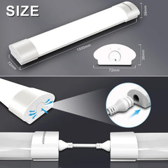 Measurement chart of a white LED light bar with dimensions and assembly instructions.