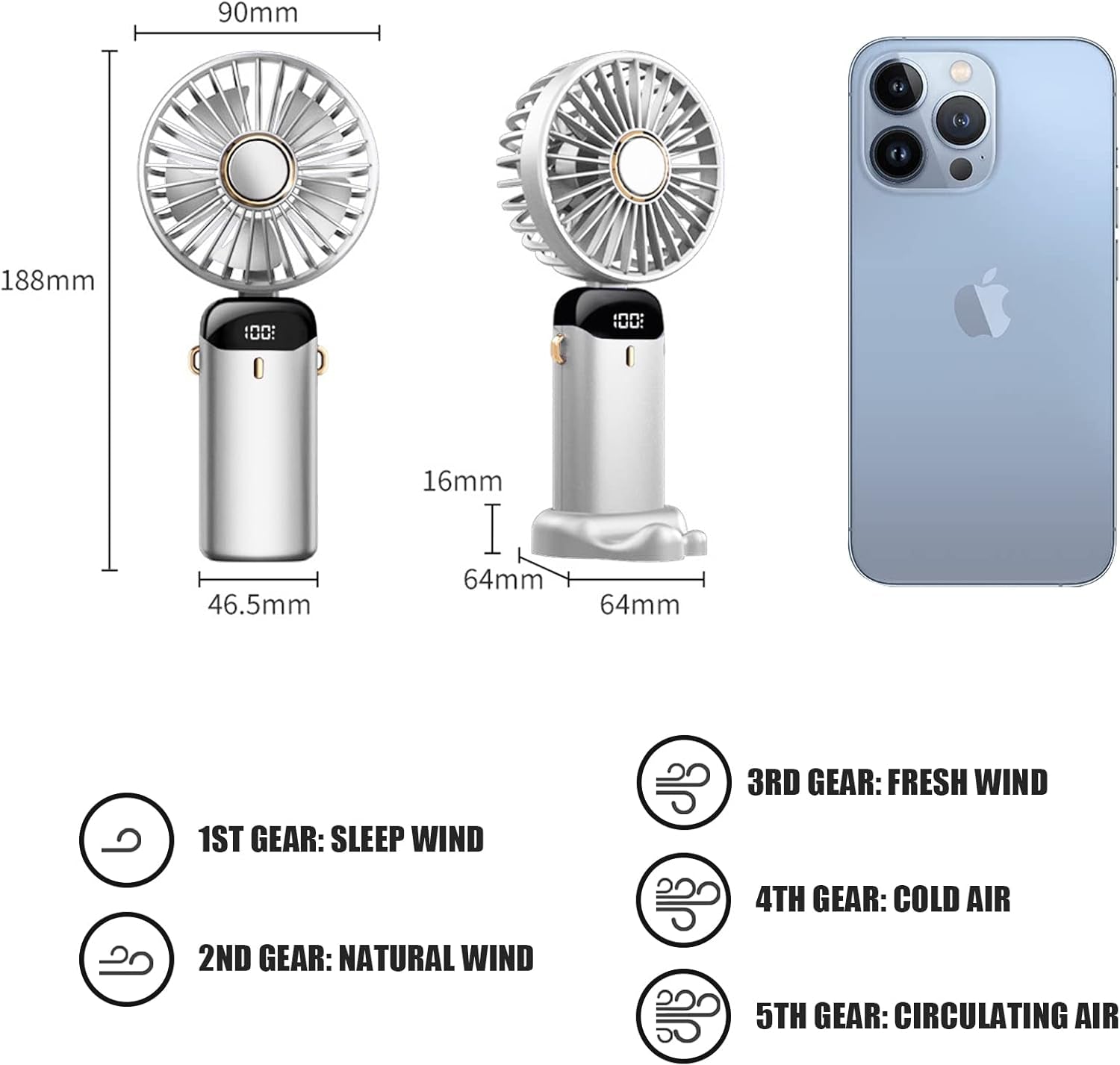 Portable USB Rechargeable Handheld Fan 5 Speeds