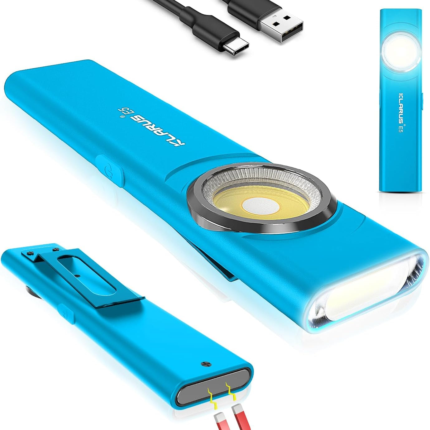 Blue electronic device with a lens and USB cable on a white background