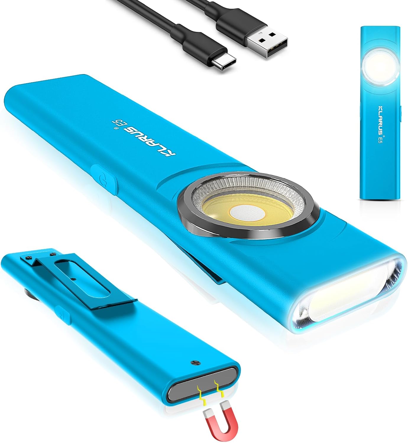 Blue electronic device with a lens and USB cable on a white background