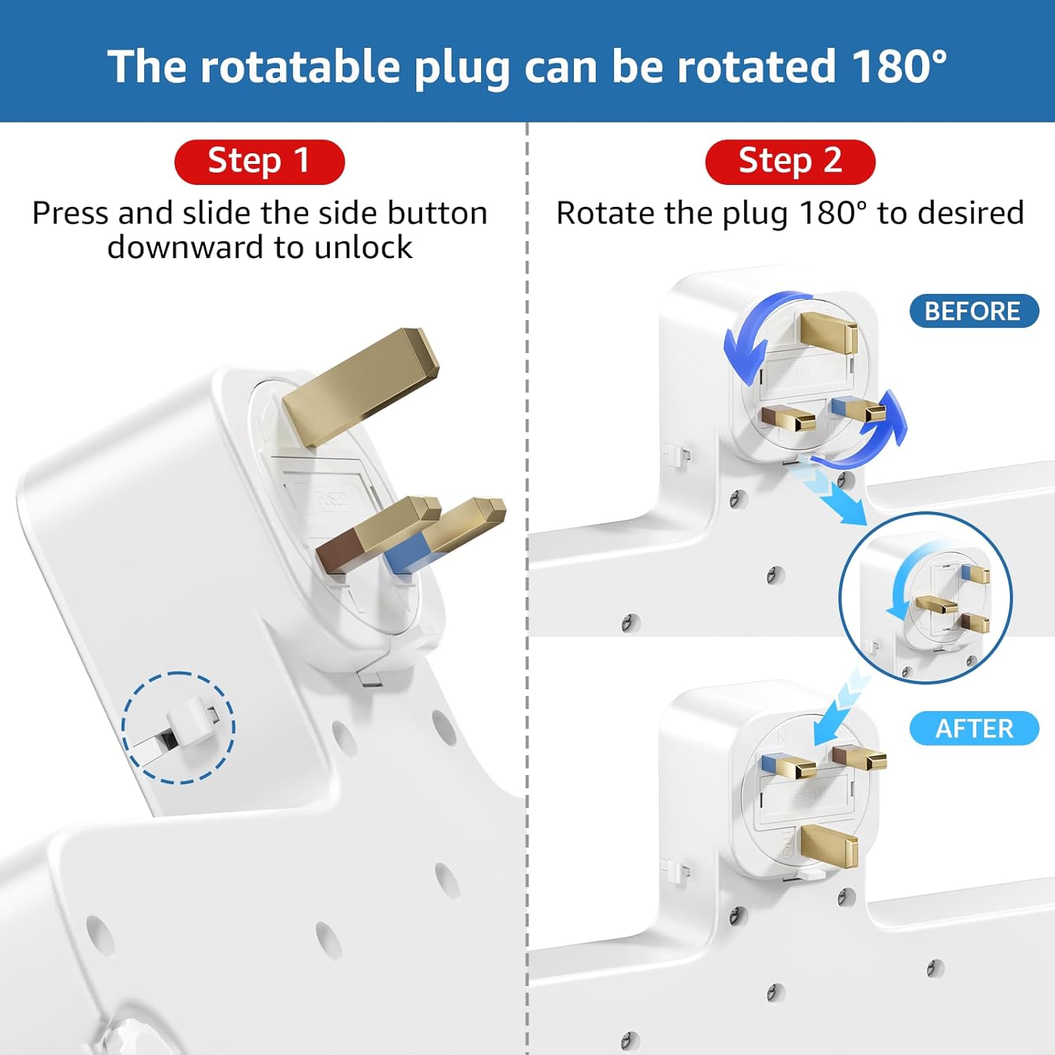 3-Way Plug Extension Socket with 180° Rotating Plug, 2 USB-A & 1 USB-C PD 20W, 13A Adapter