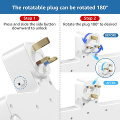 3-Way Plug Extension Socket with 180° Rotating Plug, 2 USB-A & 1 USB-C PD 20W, 13A Adapter