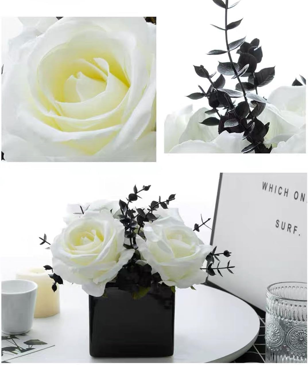 NAWEIDA Artificial Roses in Black Ceramic Vase – Faux Flowers for Home & Wedding Decor