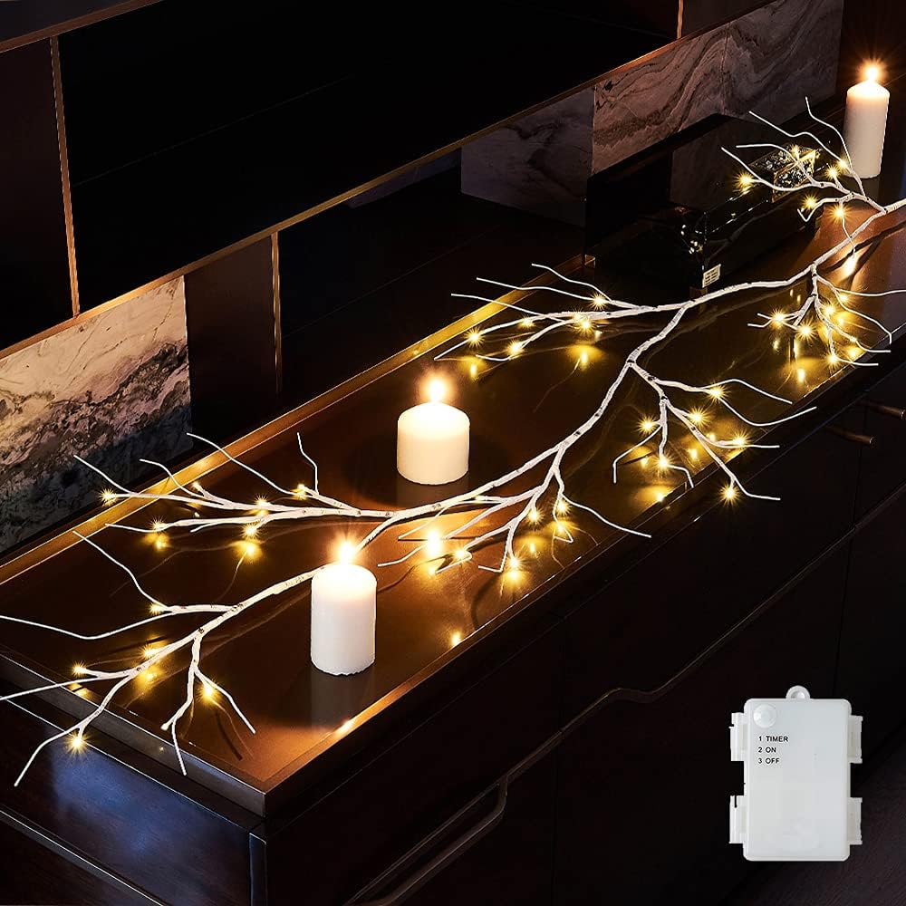 White Birch LED Garland Lights 6FT with Timer, 48 Warm White Battery Powered Fairy Lights for Indoor and Outdoor Home Décor