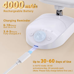 Ceiling light fixture with charging cable and battery information on a beige background
