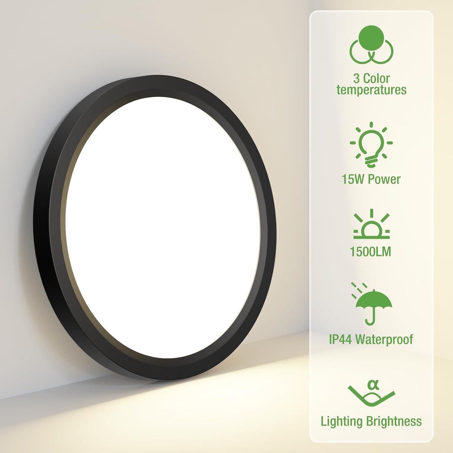 15W 1800LM LED Ceiling Light, Ultra Thin 18cm Round Black Flush Mount Lamp IP44 Waterproof, 3000K/4000K/6500K for Bathroom, Bedroom, Kitchen, Living Room, Toilet, Utility Room