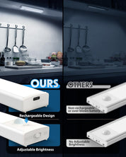 Comparison of rechargeable LED light strip with non-rechargeable options in a kitchen setting.