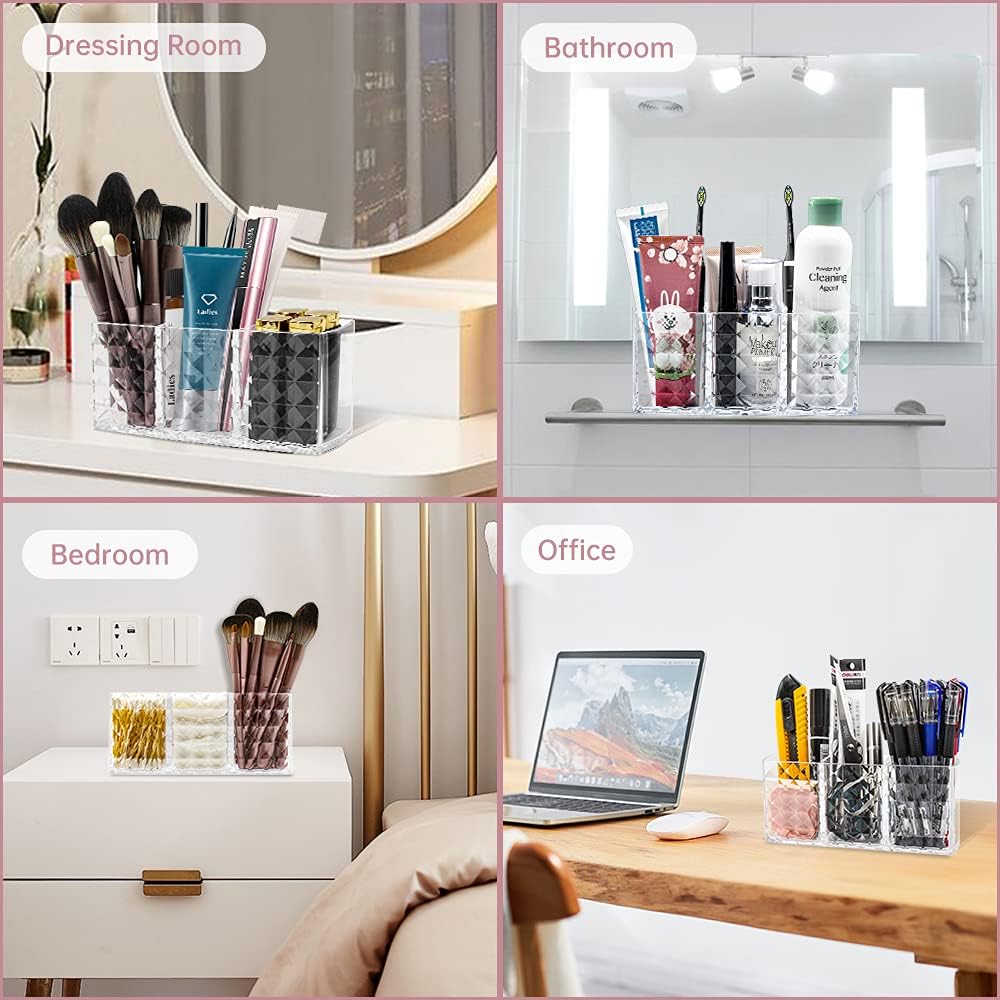 3-Compartment Crystal Cosmetic Organizer – Acrylic Makeup Brush & Lipstick Holder