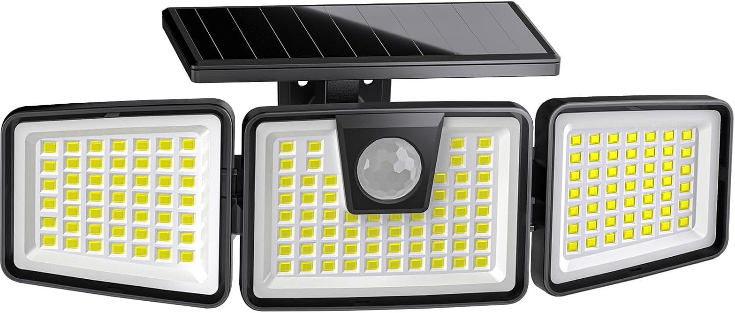 Outdoor Solar Wall Light with Motion Sensor, 3 Adjustable Heads, 270° Wide Lighting Angle, IP65 Waterproof Solar Flood Lights for Yard, Garage, Pathway