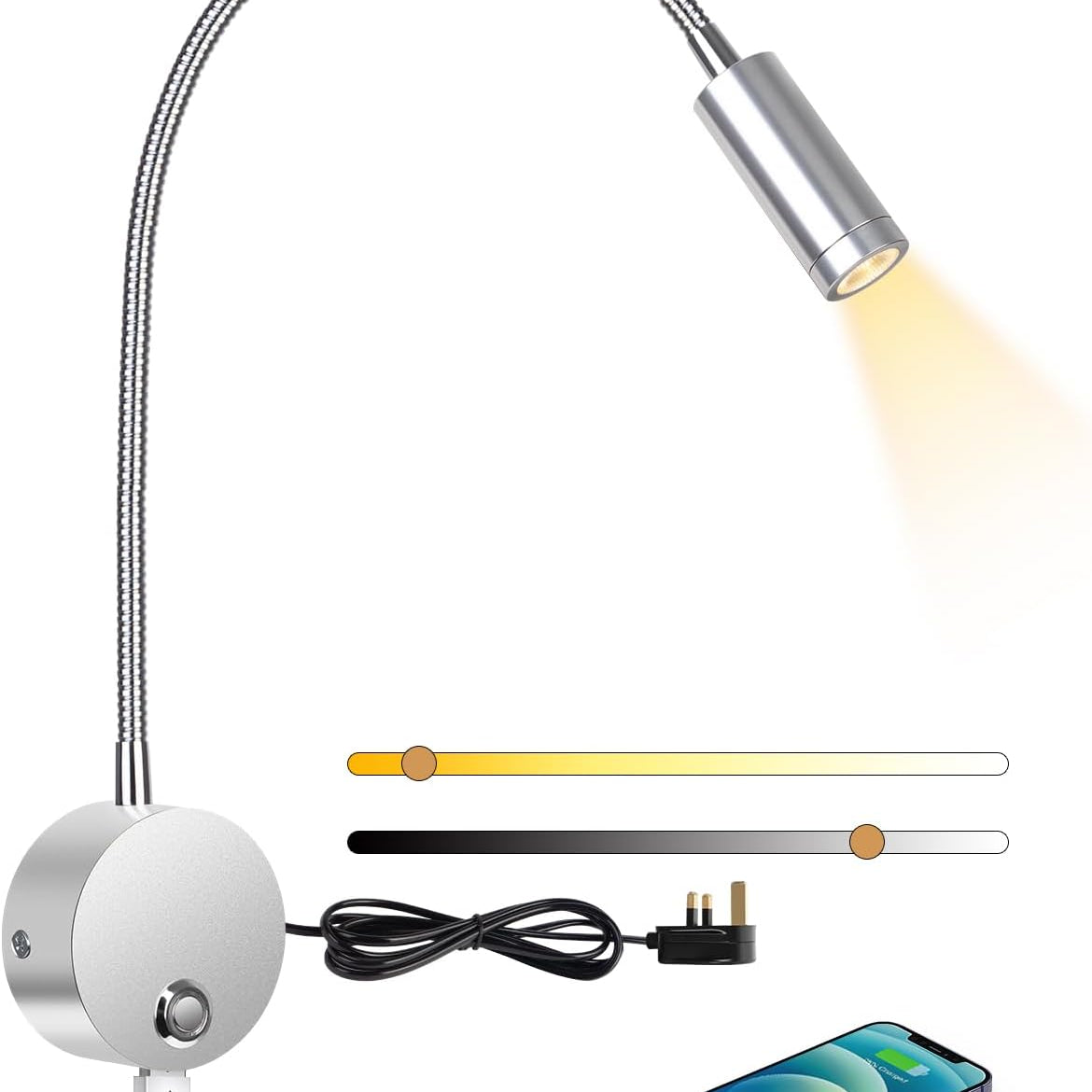 Flexible reading lamp with adjustable arm, power adapter, and smartphone charging cable on a white background