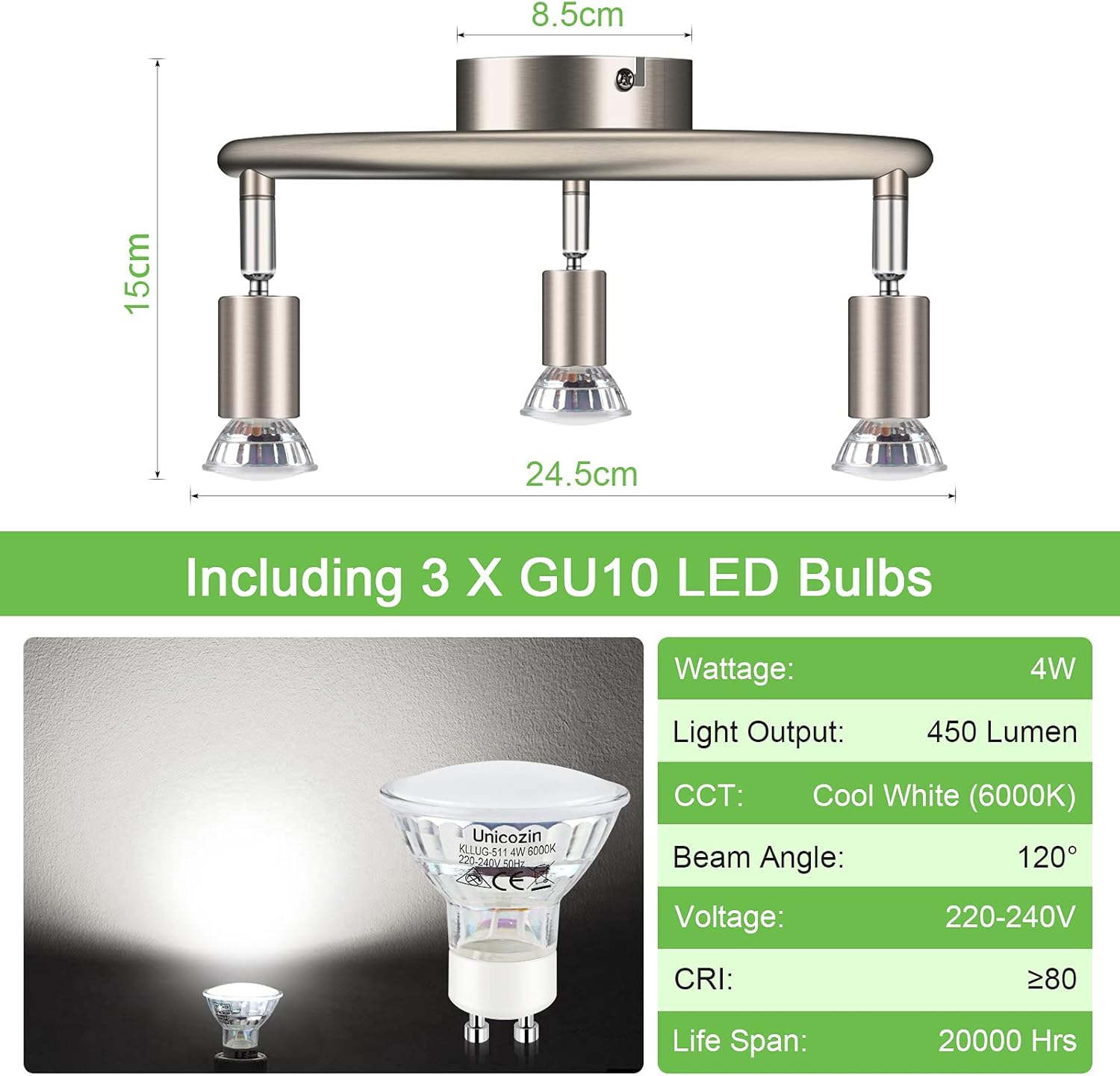 3-Way Rotatable LED Ceiling Spotlight – Matt Nickel with GU10 Bulbs