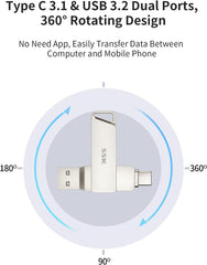 64GB USB C Flash Drive - Dual USB 3.2 Type-C & USB-A Thumb Drive, Up to 200MB/s, Zinc Alloy, OTG Compatible for Phone, Mac & PC