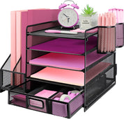 Desk Organiser with 2 Magazine Holders, 5-Tier Paper Tray, Drawer & Pen Holders – Black
