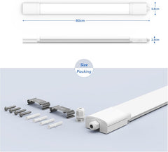 LED tube light with dimensions and accessories on a light blue background