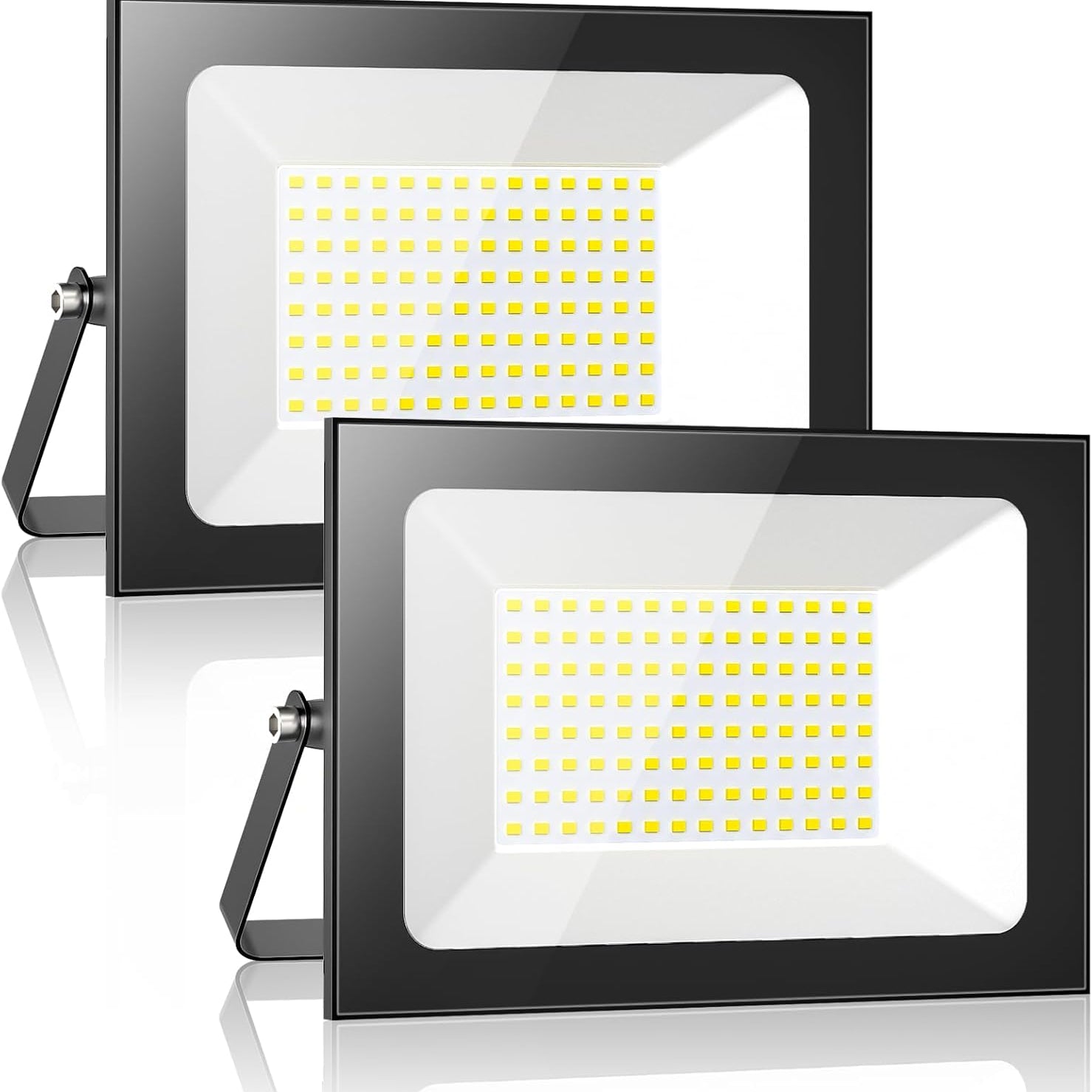 Two LED flood lights with a reflective surface on a white background