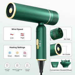 Ionic Hair Dryer – Foldable Lightweight Blow Dryer with Diffuser for Smooth Styling (Green)