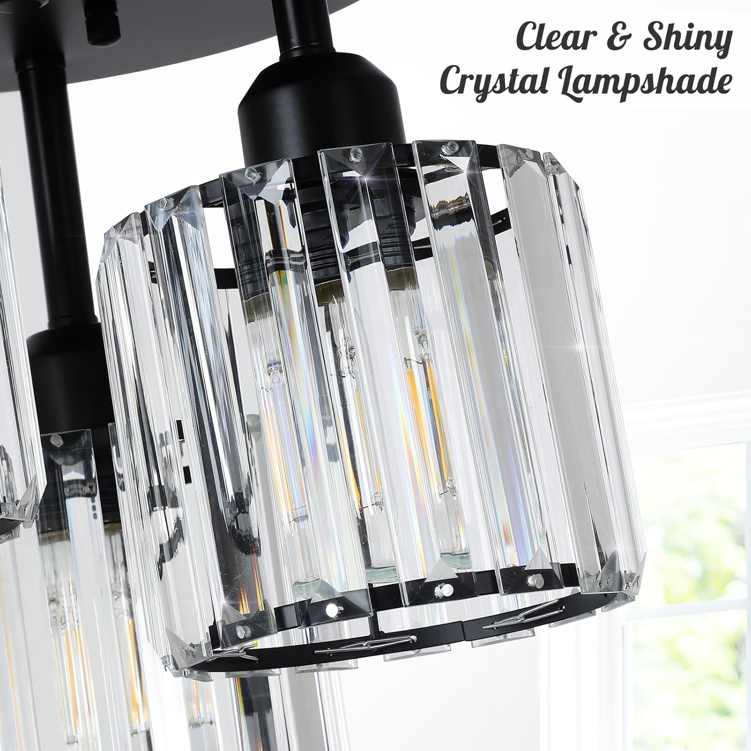 Modern Crystal Chandeliers Ceiling Light, 3-Lights Crystal Ceiling Lights Living Room, Black Semi Flush Ceilings Light Fittings for Hallway