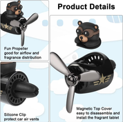 Bear Pilot Retro Airplane Car Air Freshener – Rotating Propeller Vent Clip with Fragrance Tablets (Black)